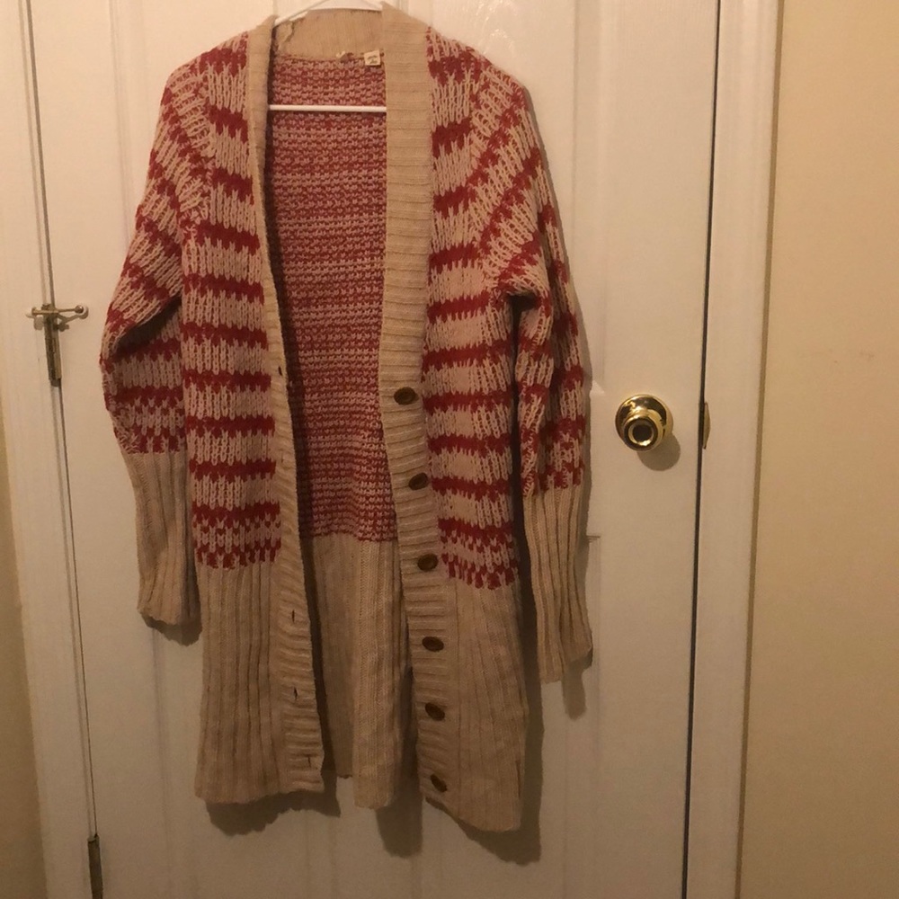 Long red and cream cardigan